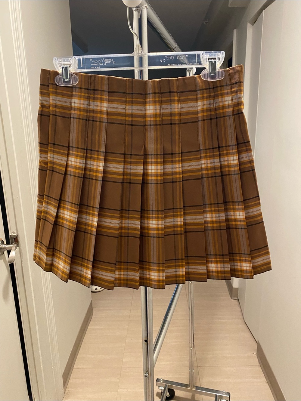 No Boundaries Brown Plaid Pleated Mini Skirt with Buckle Straps - Picture 7 of 9